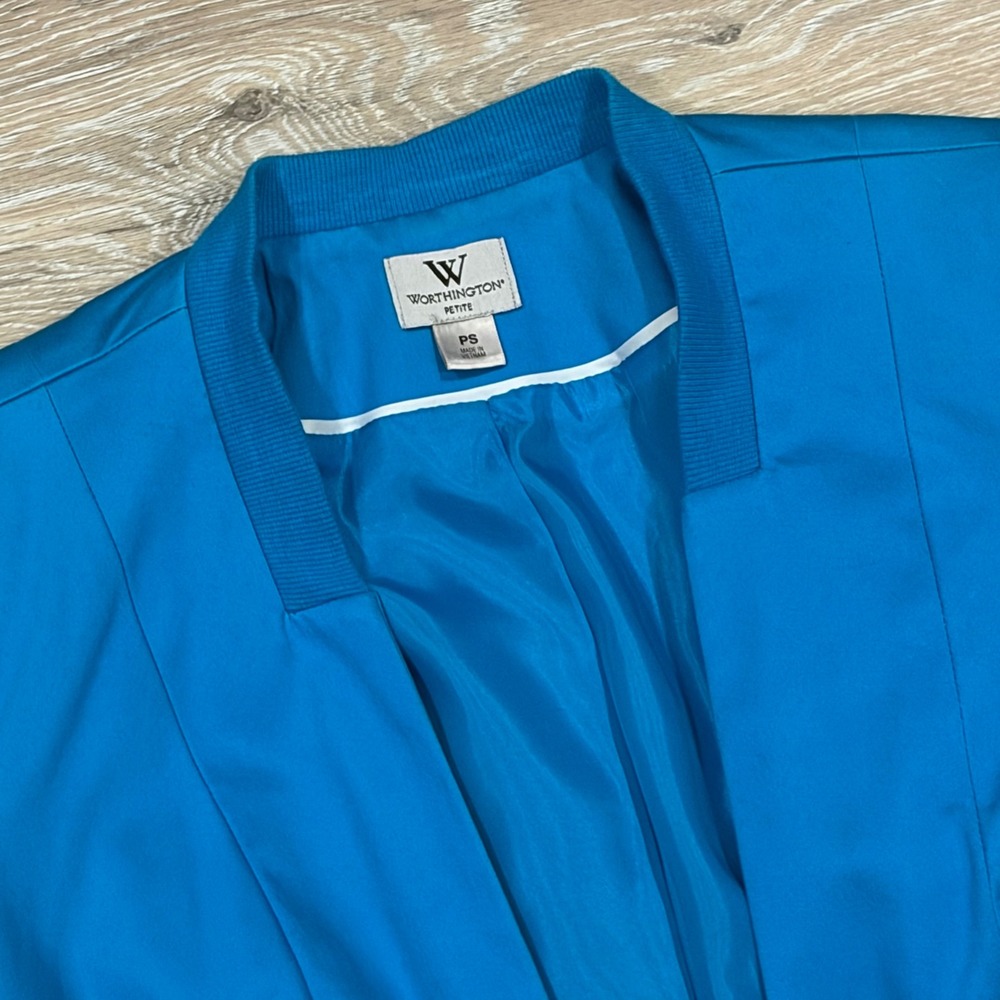 Worthington Petite Blue Open Front Cropped Blazer Jacket PS Ribbed Collar Stretc